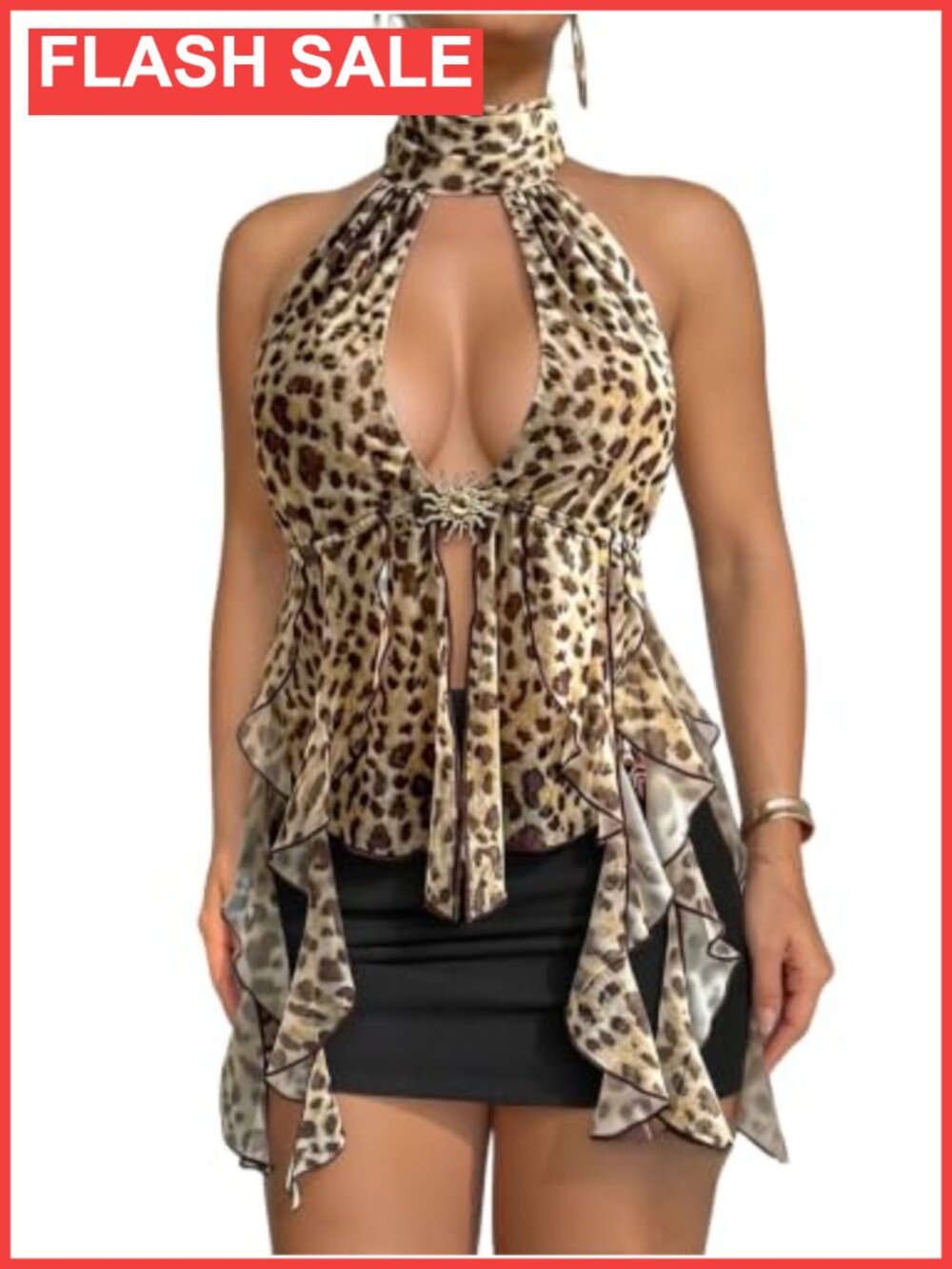 Verdusa Cheetah Print Y2K Halter Top Ruffle Rave Festival Cami